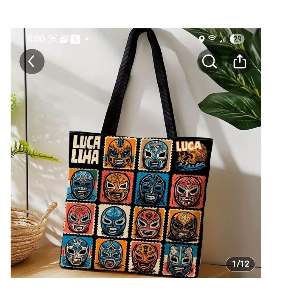 Lucha Libre‎ Mexican Wrestling Mask Tote Bag and Zipper Pouch Set Multicolor